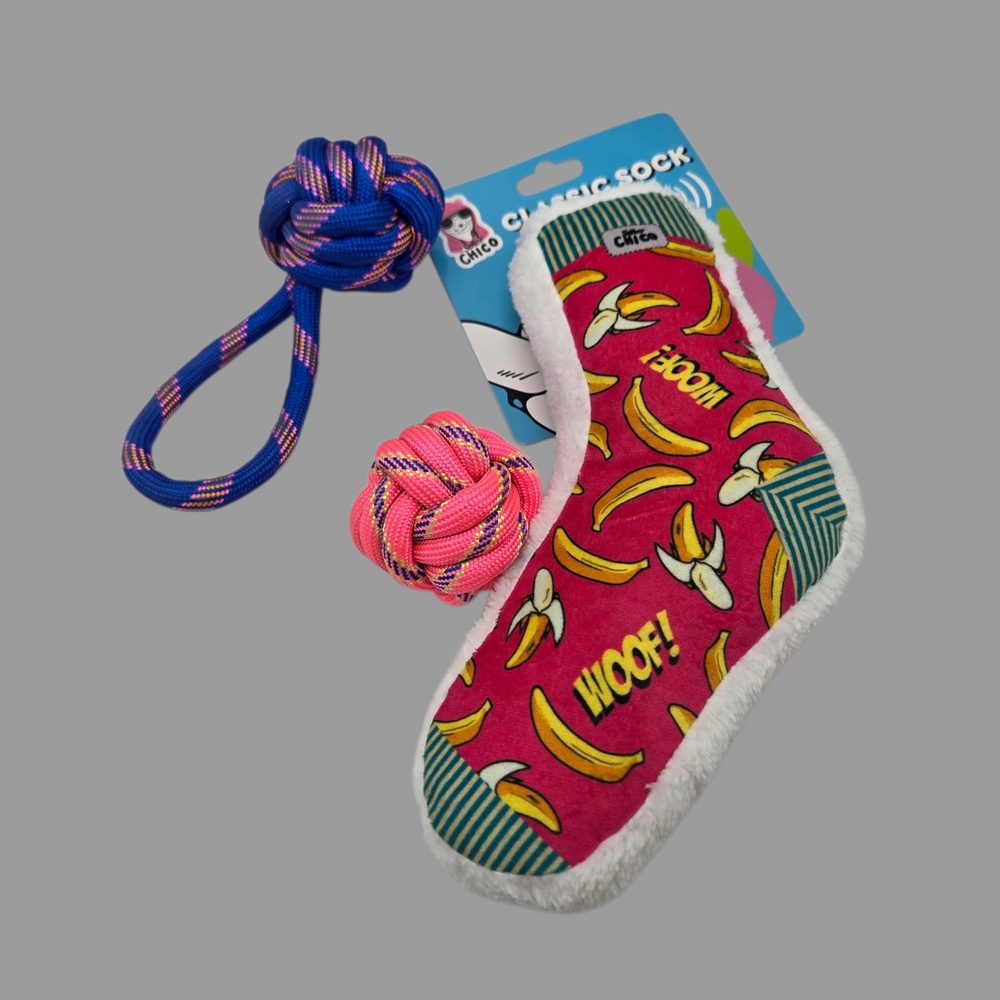 NWT Frubaby Toy Package Pink Rope Knot Ball Monkey Fist Rope Tug Crackle Sock